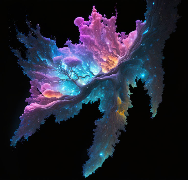 Vibrant blue, purple, and orange cosmic feather on dark background