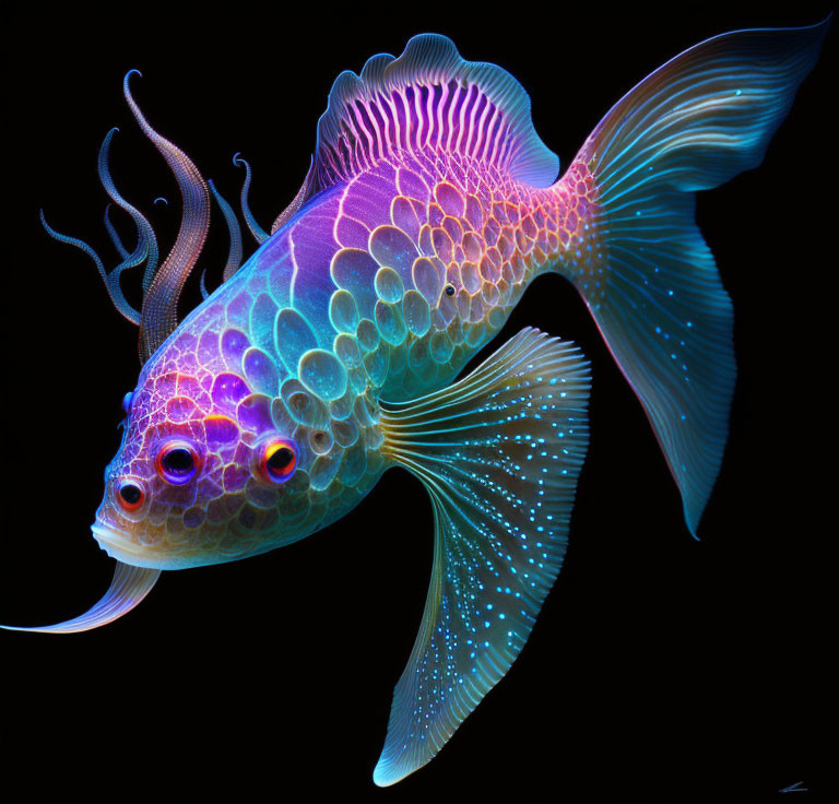 Colorful Fish with Iridescent Scales and Elongated Fins on Black Background