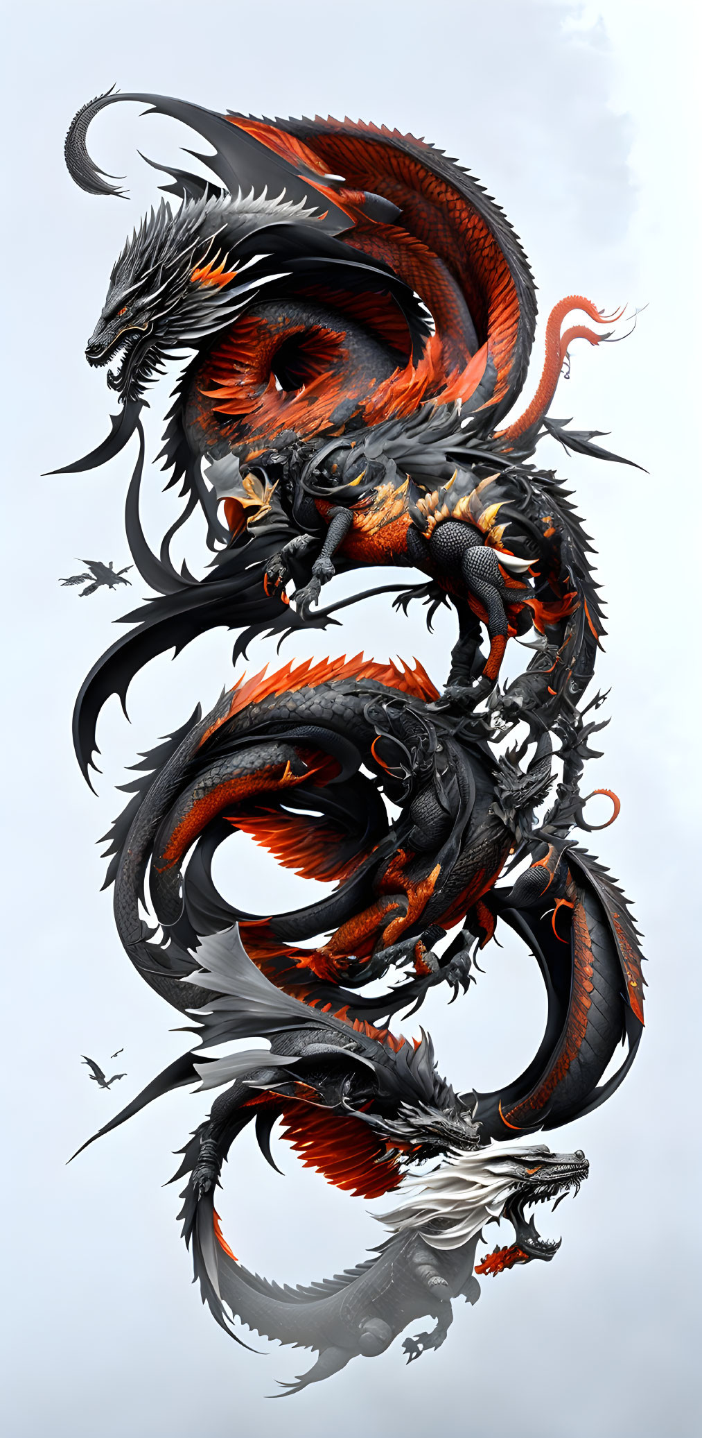 Three Orange and Black Dragons in Dramatic Pose on Light Background