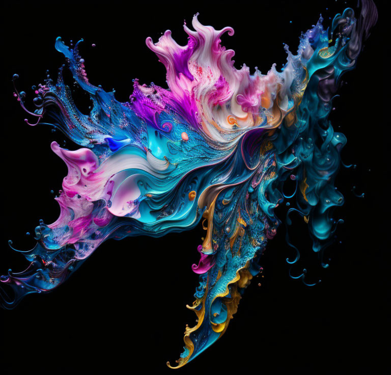 Colorful Abstract Art: Pink, Blue, Gold, and White Swirls on Black