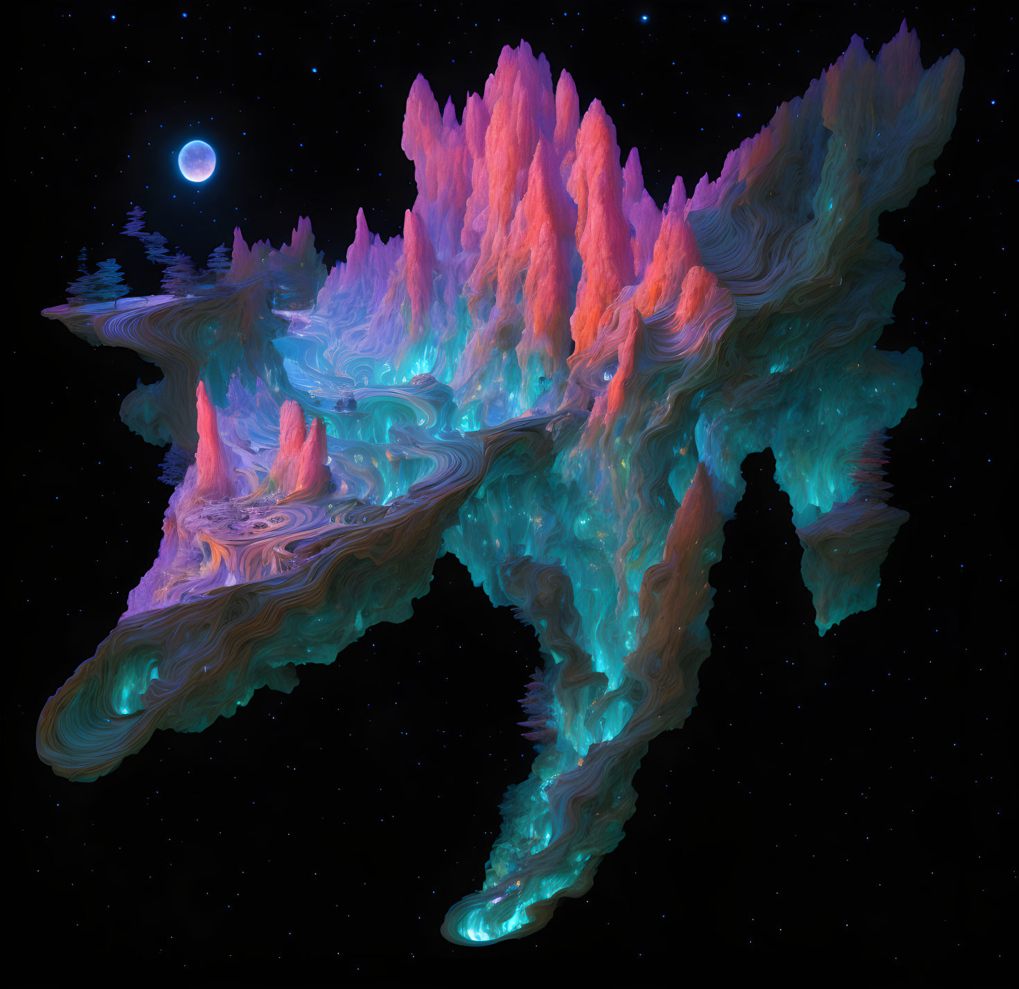 Abstract digital artwork: Fiery peaks, turquoise valleys, swirling textures under starry sky