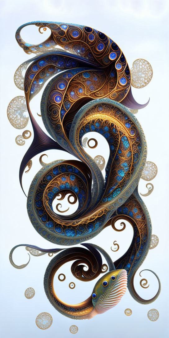 Stylized fish with swirling patterns and jewel-like decorations