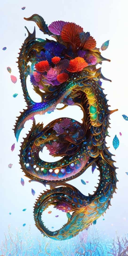 Colorful Dragon with Floral and Aquatic Features on Light Background