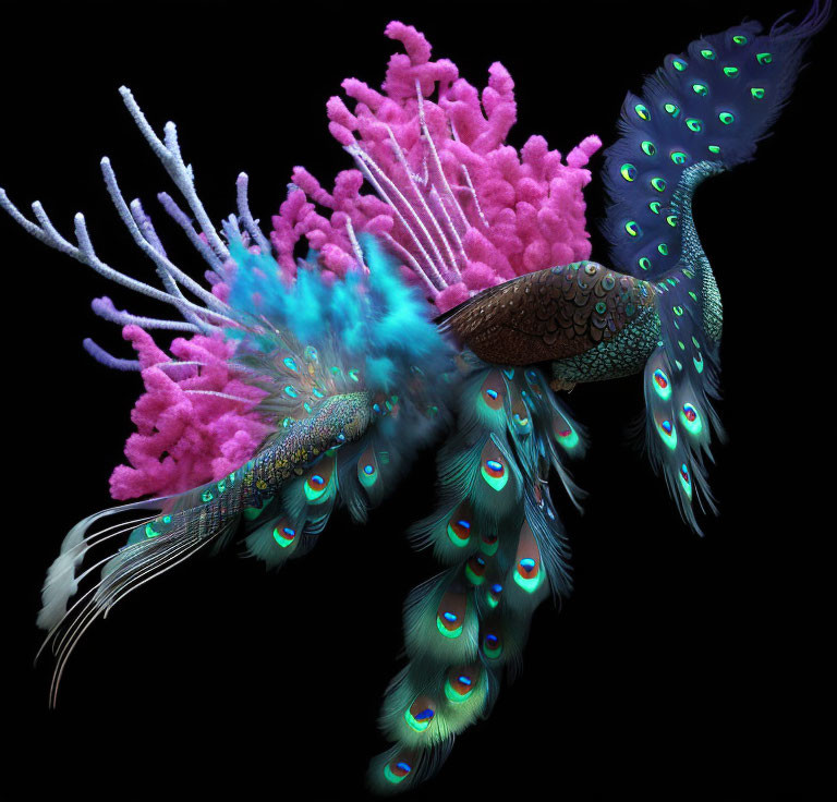 Colorful digital artwork: Peacock with extravagant tail & fantasy elements
