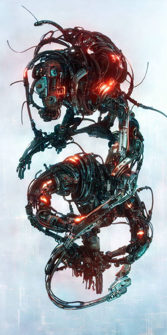 Intricate Robotic Figure with Glowing Red Elements