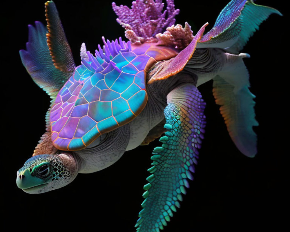 Colorful Turtle with Vibrant Shell and Iridescent Fins on Black Background