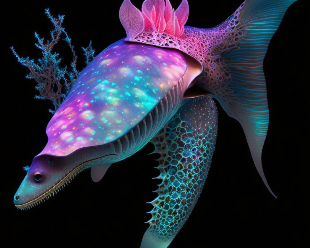 Vibrant illustration of fantastical sea creature with glowing body and coral-like structure