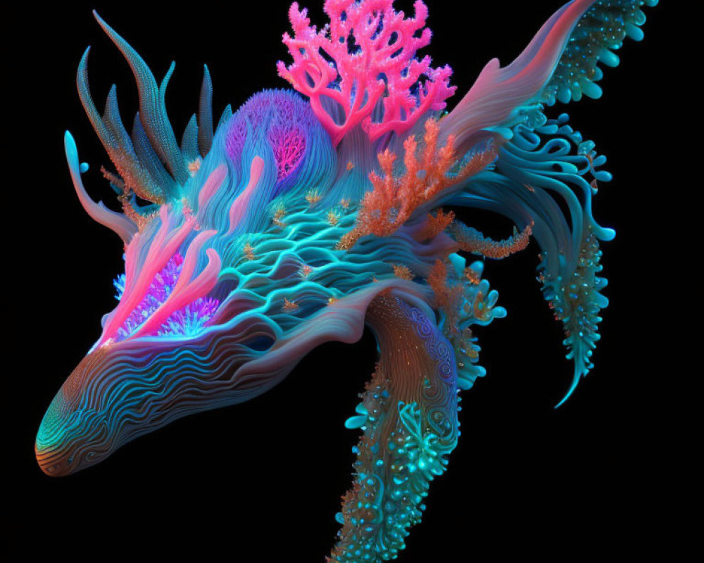 Fantastical dragon creature with coral and bioluminescent details on black background