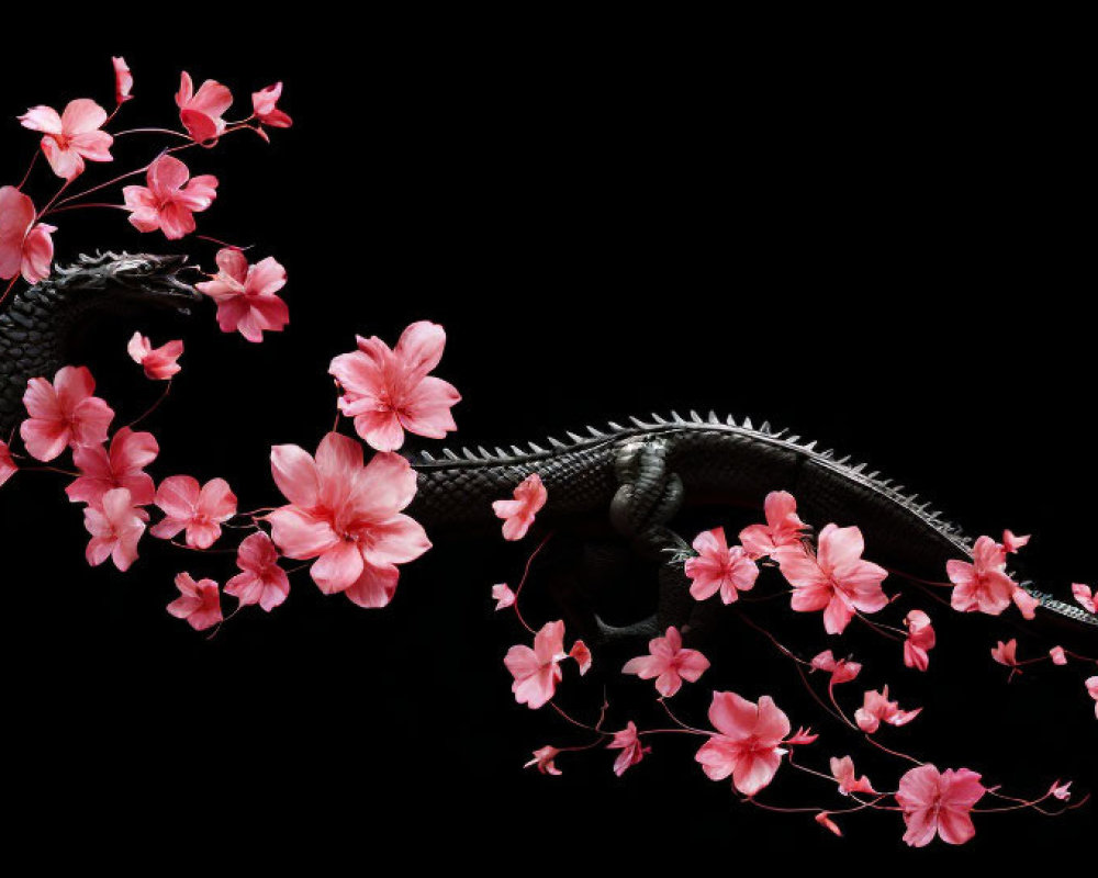Digital artwork: Black serpent with cherry blossoms on dark background