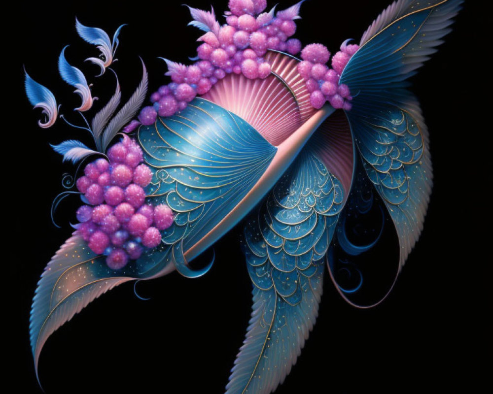 Elaborate Blue and Pink Bird with Decorative Wings