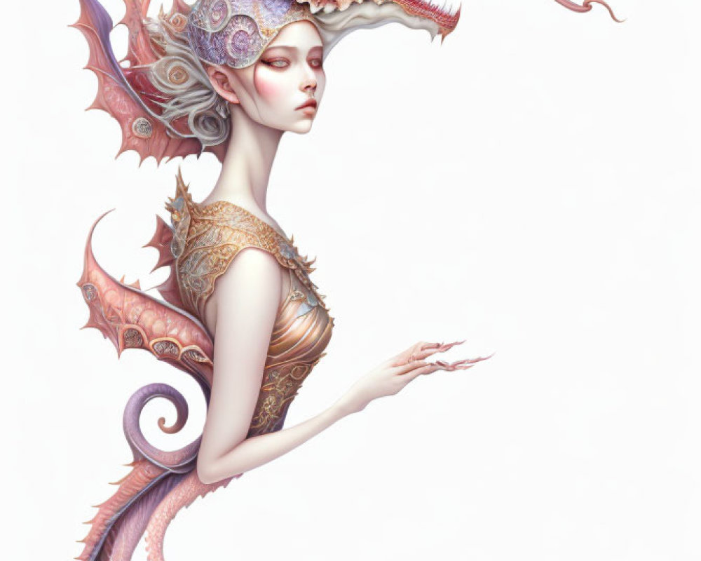 Detailed illustration of woman with pale skin, white hair, dragon headdress, shoulder armor, and tail
