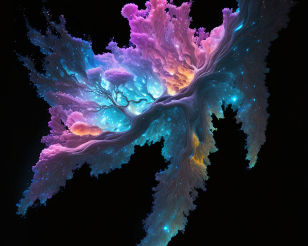 Vibrant blue, purple, and orange cosmic feather on dark background