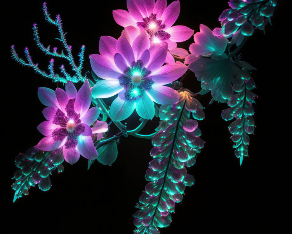 Neon-colored flowers and plants on black background