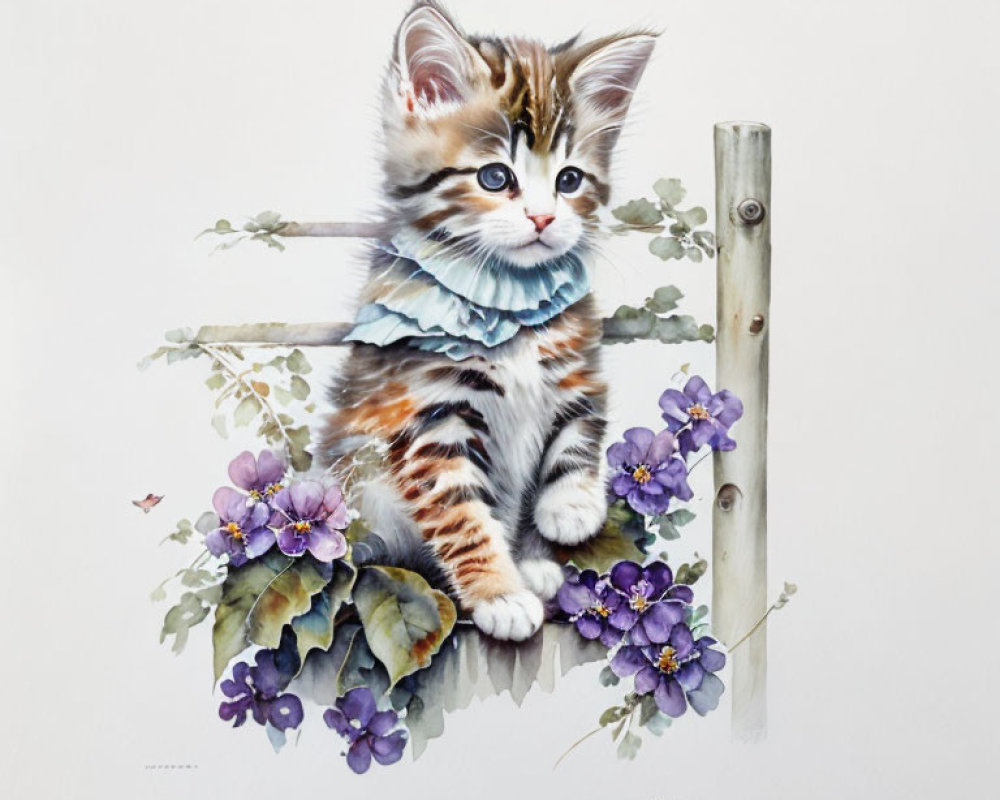 Watercolor illustration of fluffy kitten on wooden ledge with purple flowers
