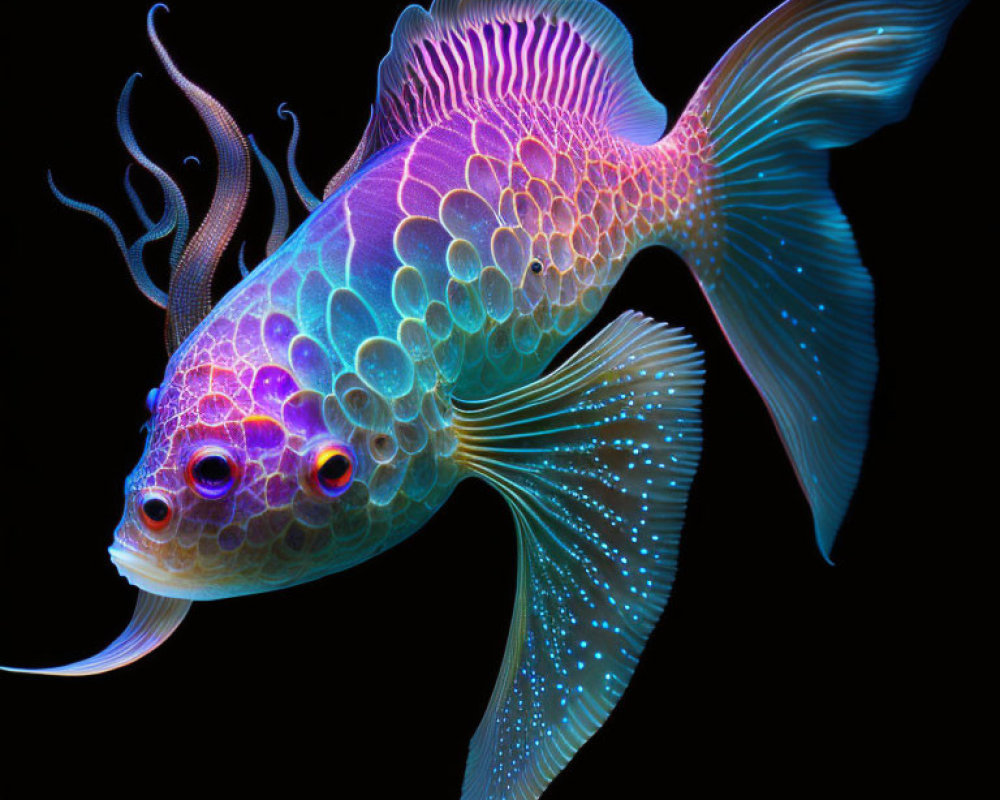 Colorful Fish with Iridescent Scales and Elongated Fins on Black Background