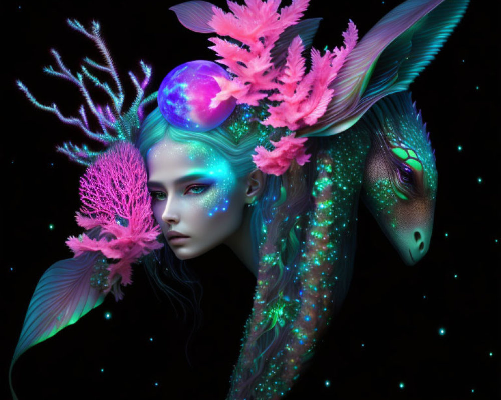 Fantasy portrait of woman with glowing blue skin, coral-like structures, celestial orb, and dragon-like