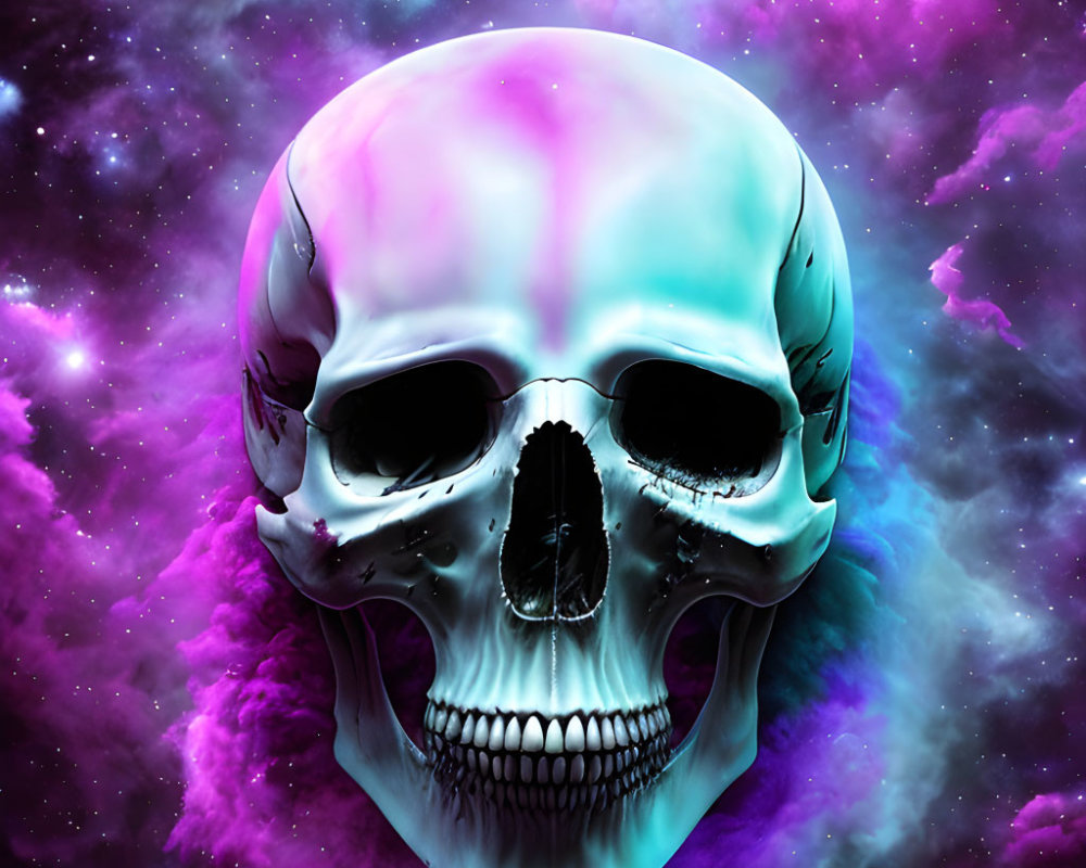 Colorful Human Skull Artwork on Cosmic Nebula Background