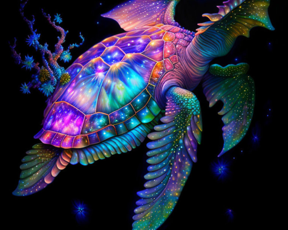 Colorful Turtle Digital Illustration with Cosmic Pattern and Star-like Surroundings