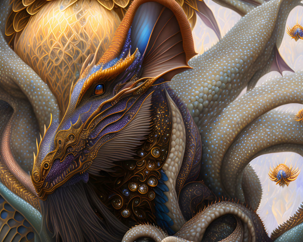 Detailed dragon with golden accents and glowing tentacles.