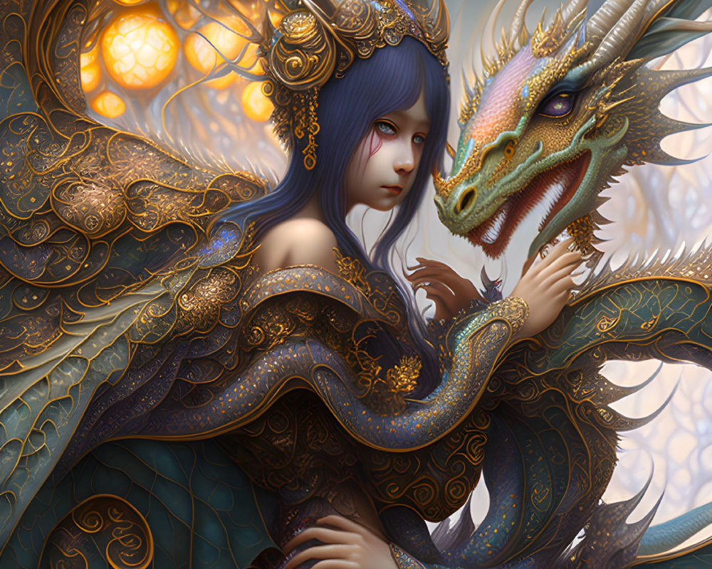Fantasy illustration of woman with blue hair in dragon-inspired attire touching golden dragon