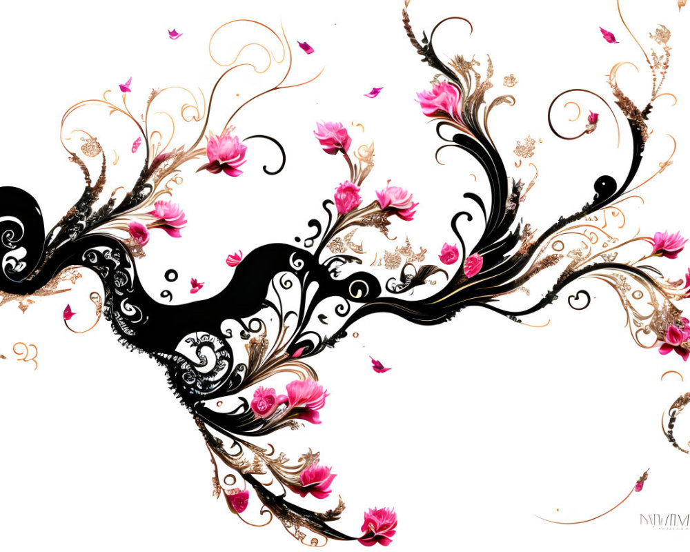 Floral Design with Black, Gold, and Pink Patterns on White Background