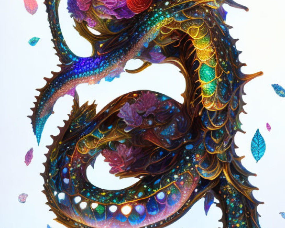 Colorful Dragon with Floral and Aquatic Features on Light Background
