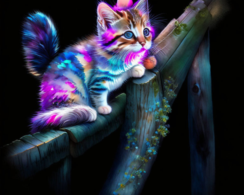 Colorful Glowing Kitten on Wooden Beam Against Black Background