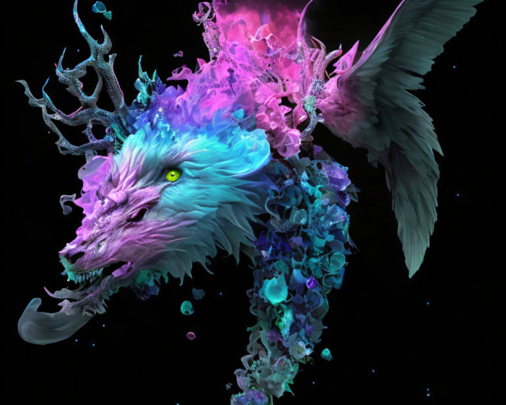Fantastical winged dragon in blue and purple hues with glowing green eyes on black background