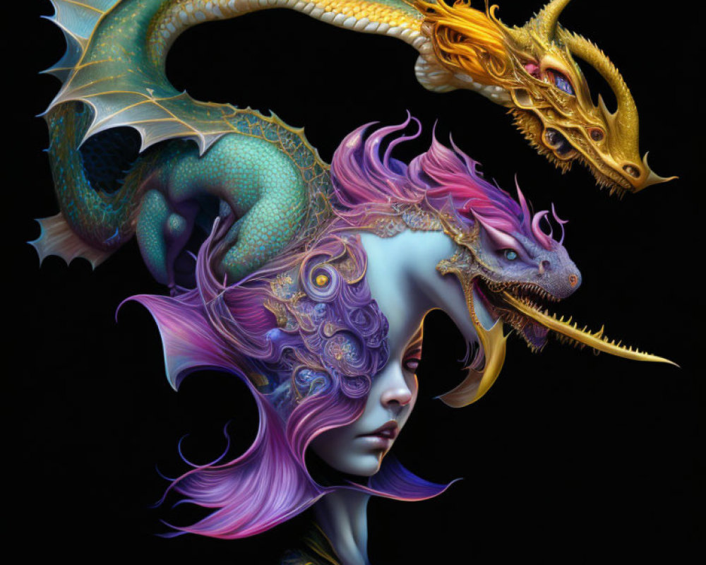 Fantastical digital artwork: Woman with purple and blue face designs transforming into a golden dragon