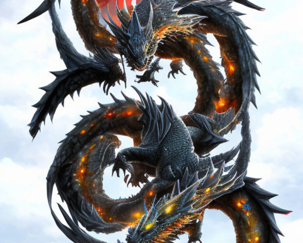 Three-headed dragon with glowing underbellies holds blue orb against cloudy sky