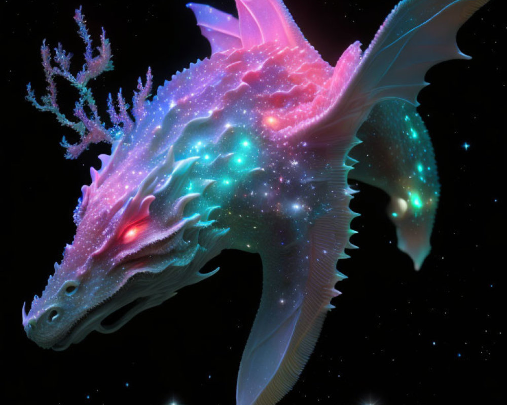 Colorful cosmic dragon with neon highlights and coral-like appendages in starry space.