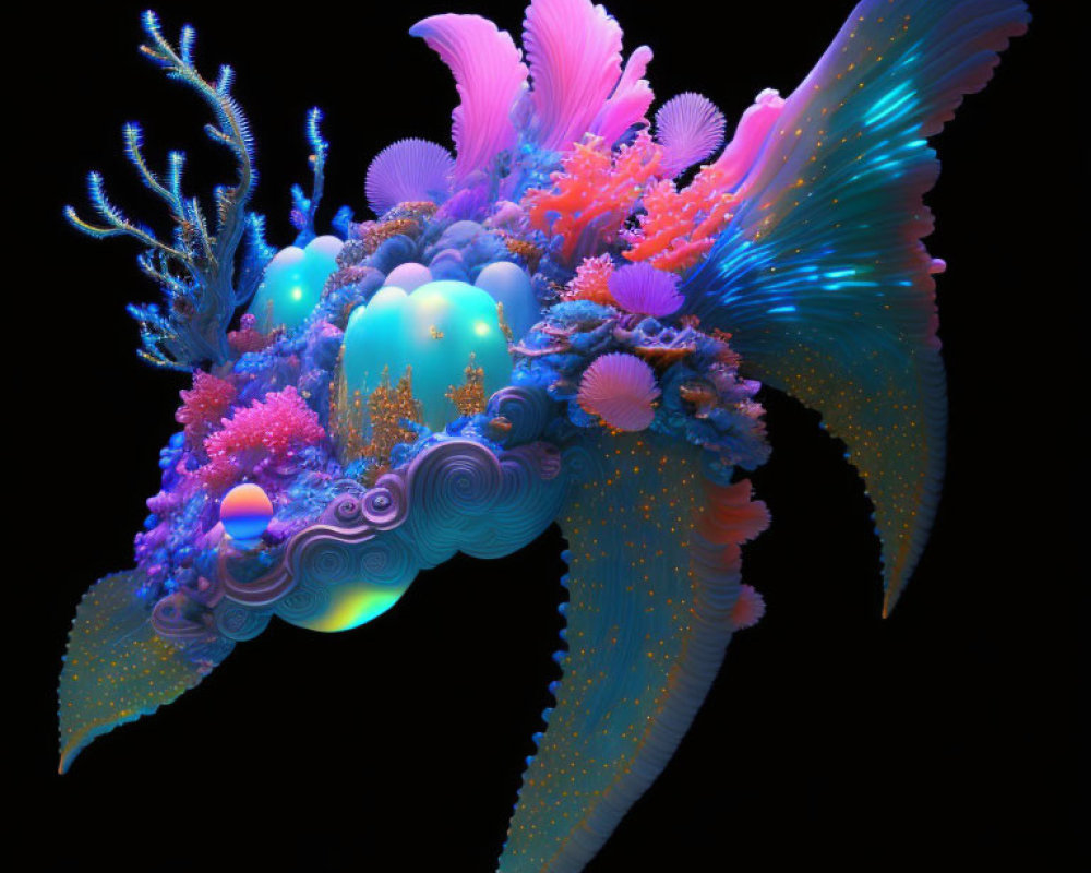 Colorful Abstract Fish Creature with Coral and Anemone Textures on Black Background