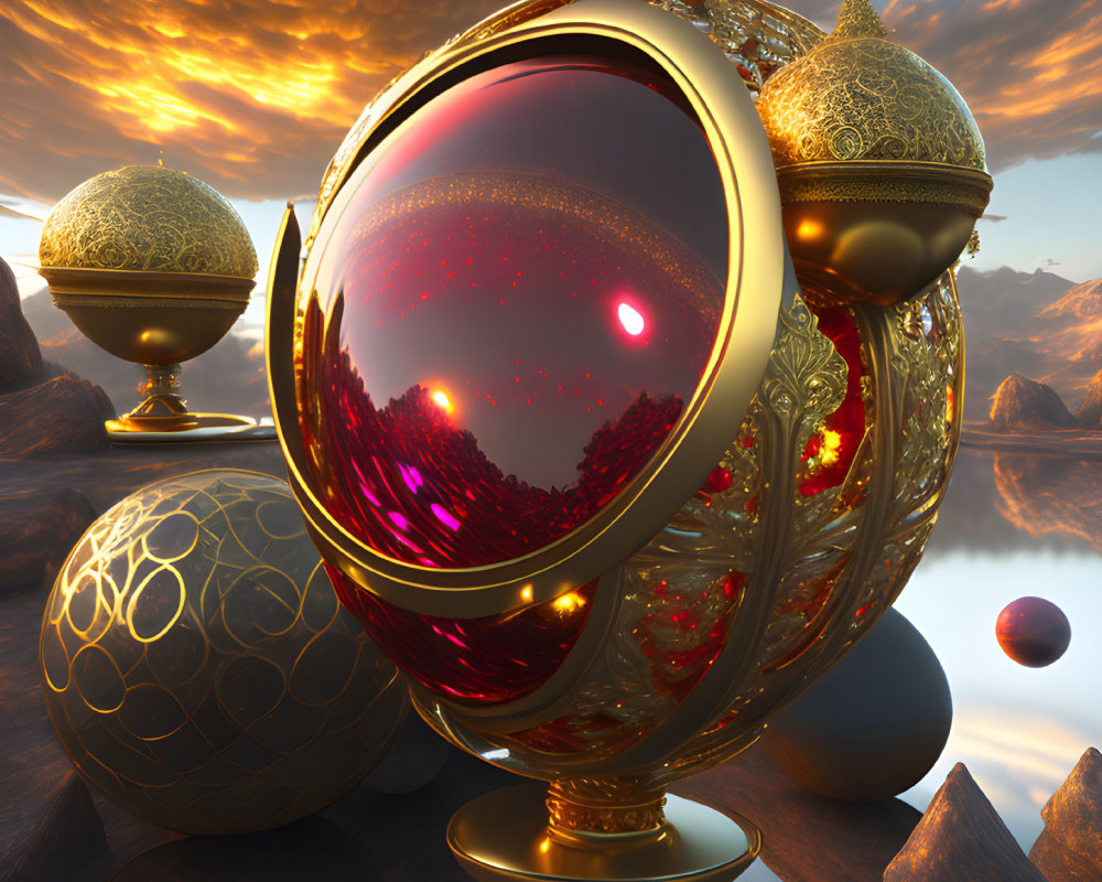 Intricate golden spheres above reflective surface at sunset