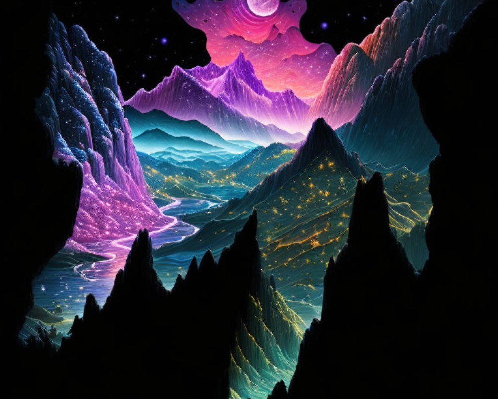 Surreal neon-lit landscape with mountains, river, sky, and moon