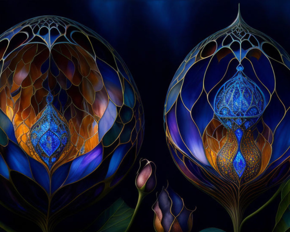 Glowing lanterns in leaf-like structures on dark blue background