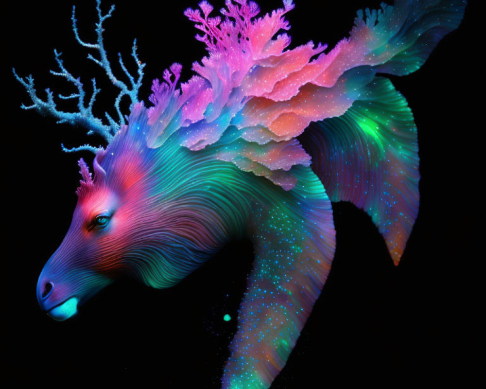 Colorful digital artwork: mythical aquatic horse with coral mane