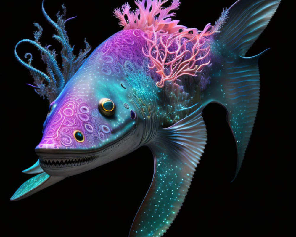Fantasy fish with coral-like structures and bioluminescent spots