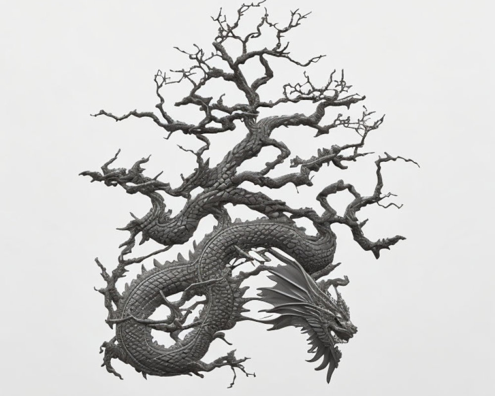 Detailed Monochrome Dragon Artwork with Tree Branches on Plain Background
