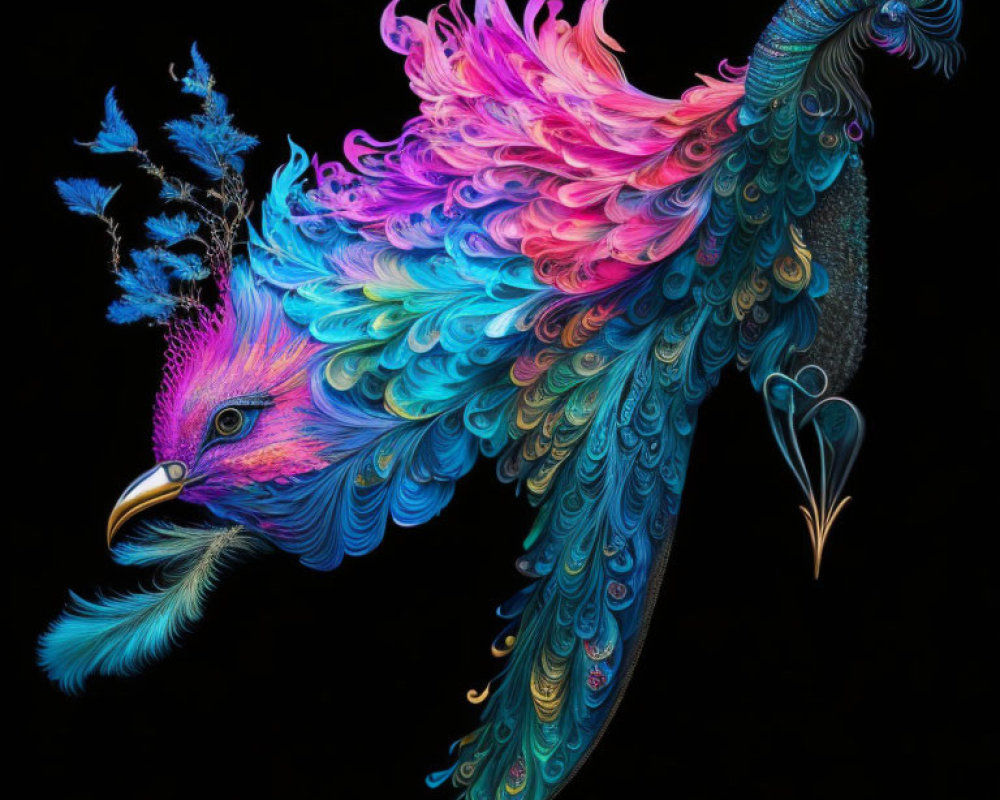 Colorful Bird Illustration with Detailed Feathers on Black Background