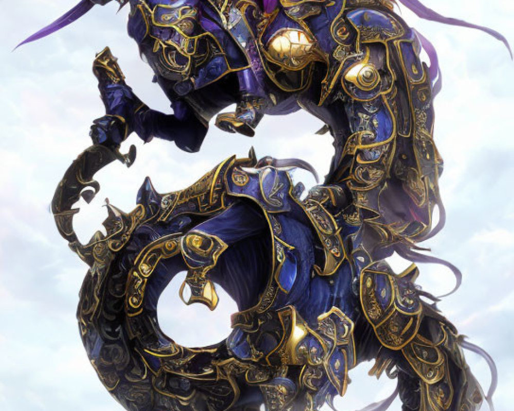 Elaborate Purple and Gold Armored Warrior Riding Serpentine Dragon