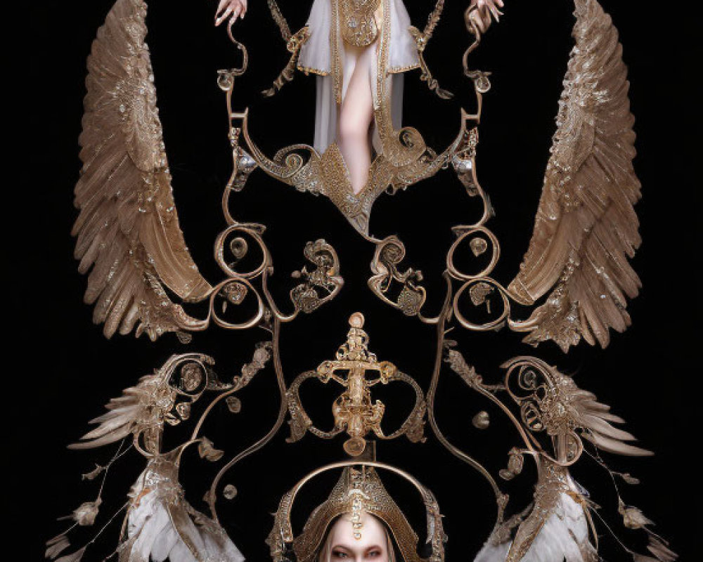Symmetrical angelic figure with multiple wings and golden ornaments on dark background