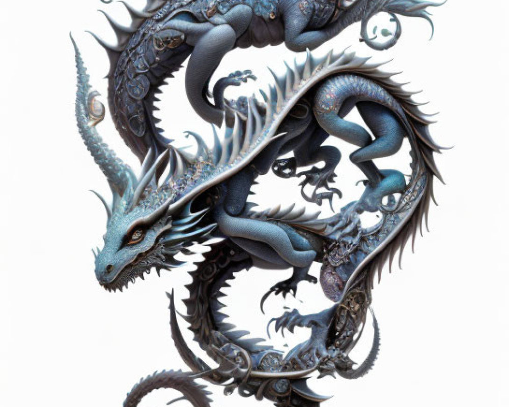 Dual-Headed Blue and White Dragon with Intricate Scales and Wings in Spiral Formation