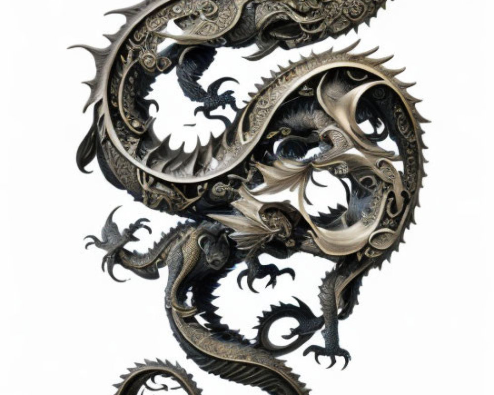 Intricate Metallic Dragon Coiled on White Background