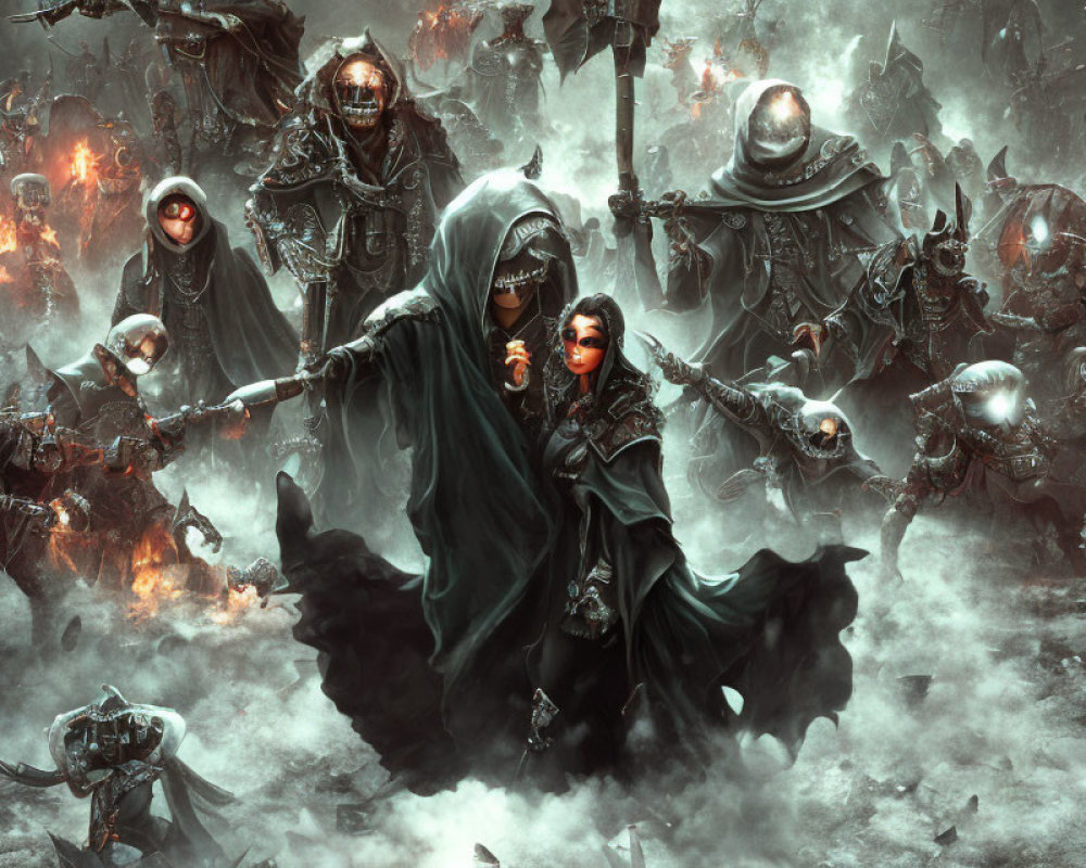 Sinister figures in dark armor on misty battlefield