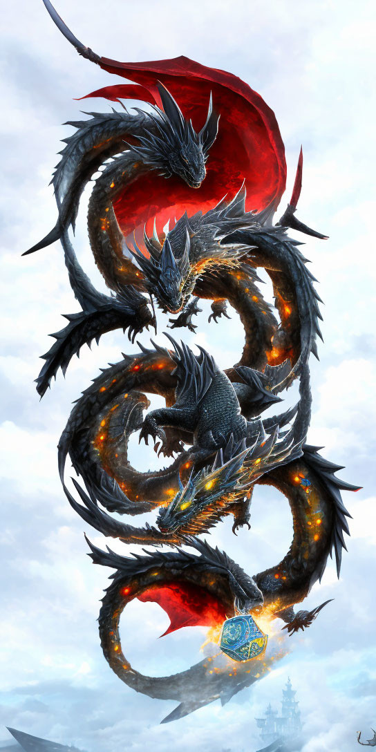 Three-headed dragon with glowing underbellies holds blue orb against cloudy sky