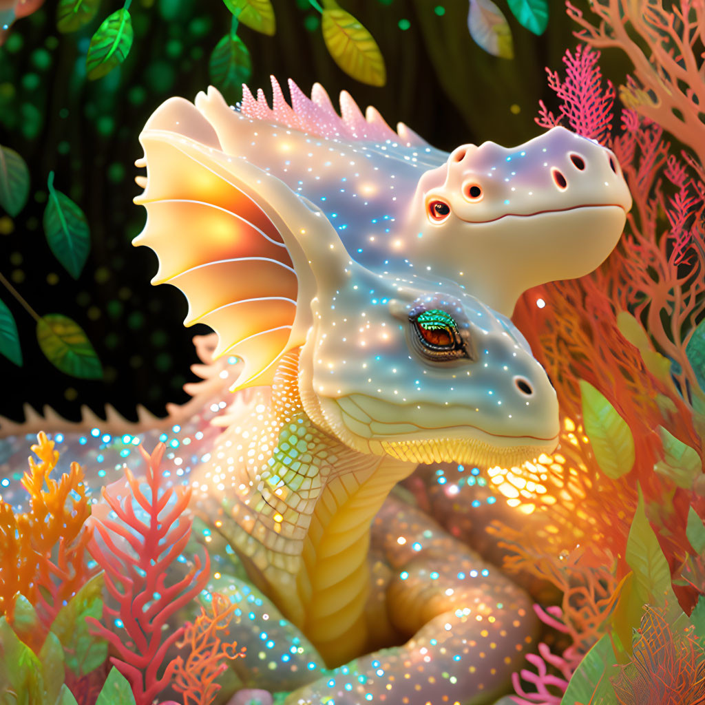 Bioluminescent dragon-like creature among vibrant coral with star-like spots.