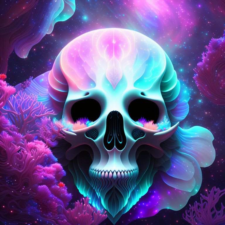 Neon-colored skull digital art with cosmic backdrop