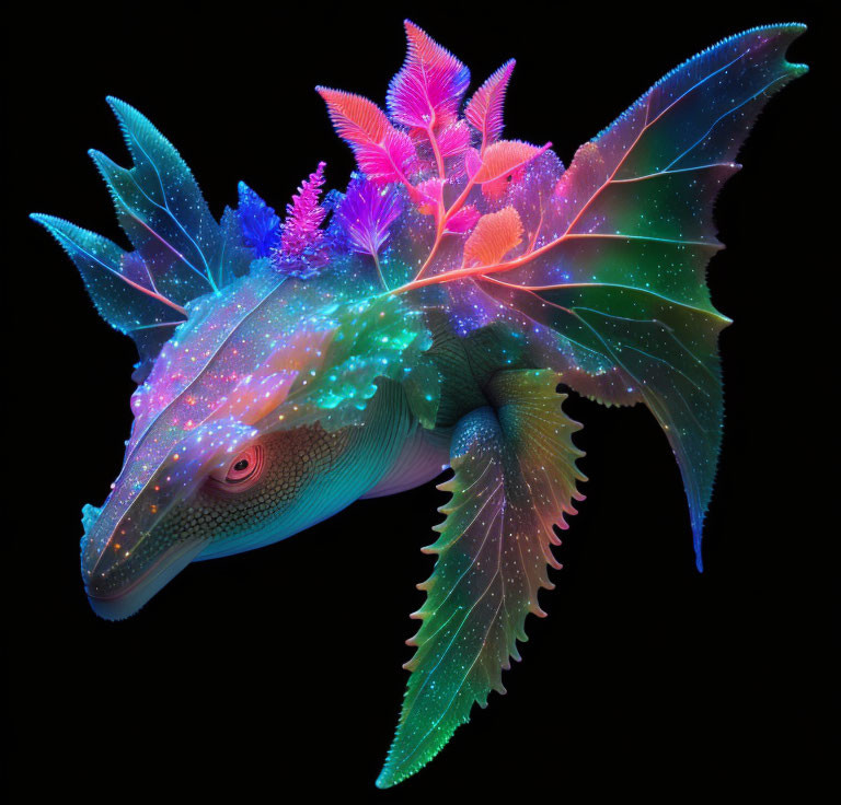 Colorful digital art: fantastical lizard-plant hybrid on black.