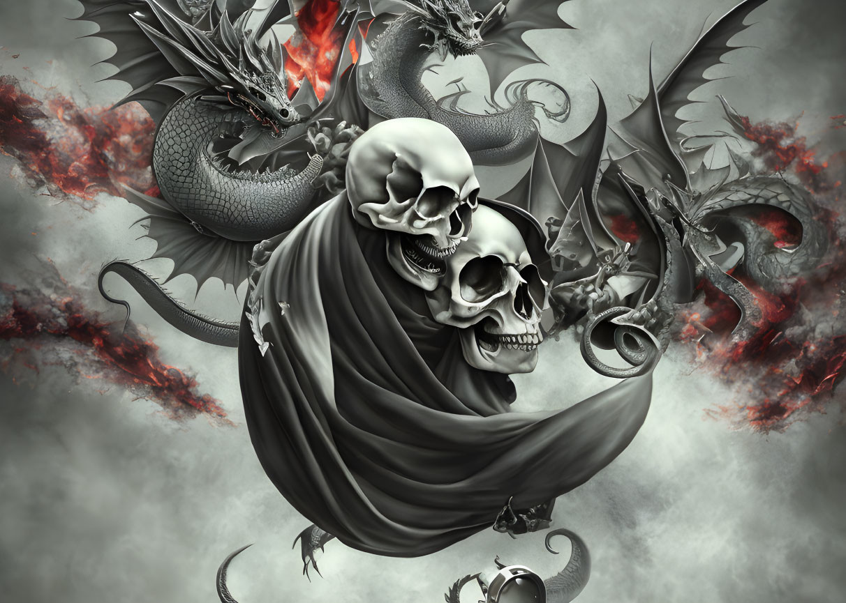 Monochromatic skull art with dragons in dark setting