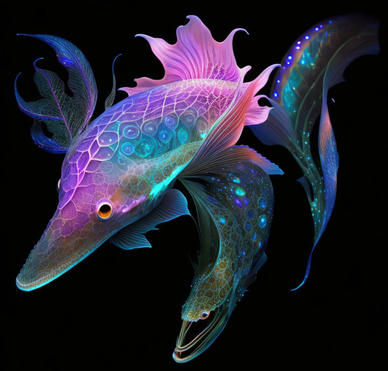 Iridescent Fish Artwork with Flowing Fins and Glowing Bodies